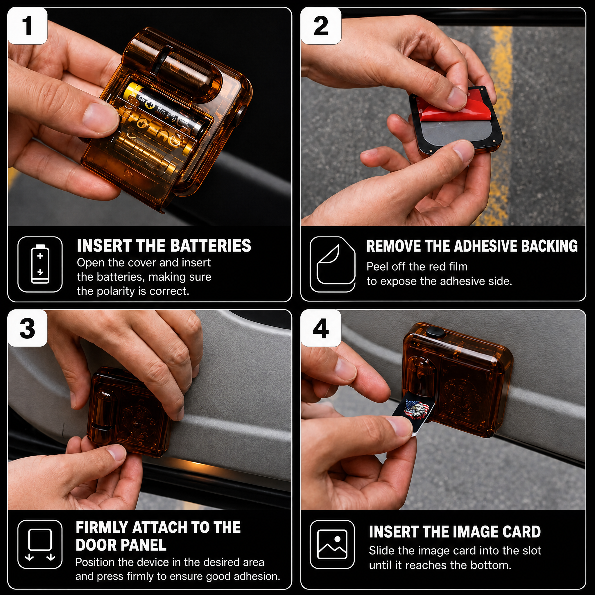 How to install the ThinBlueBeam car door projector, steps 1 to 4