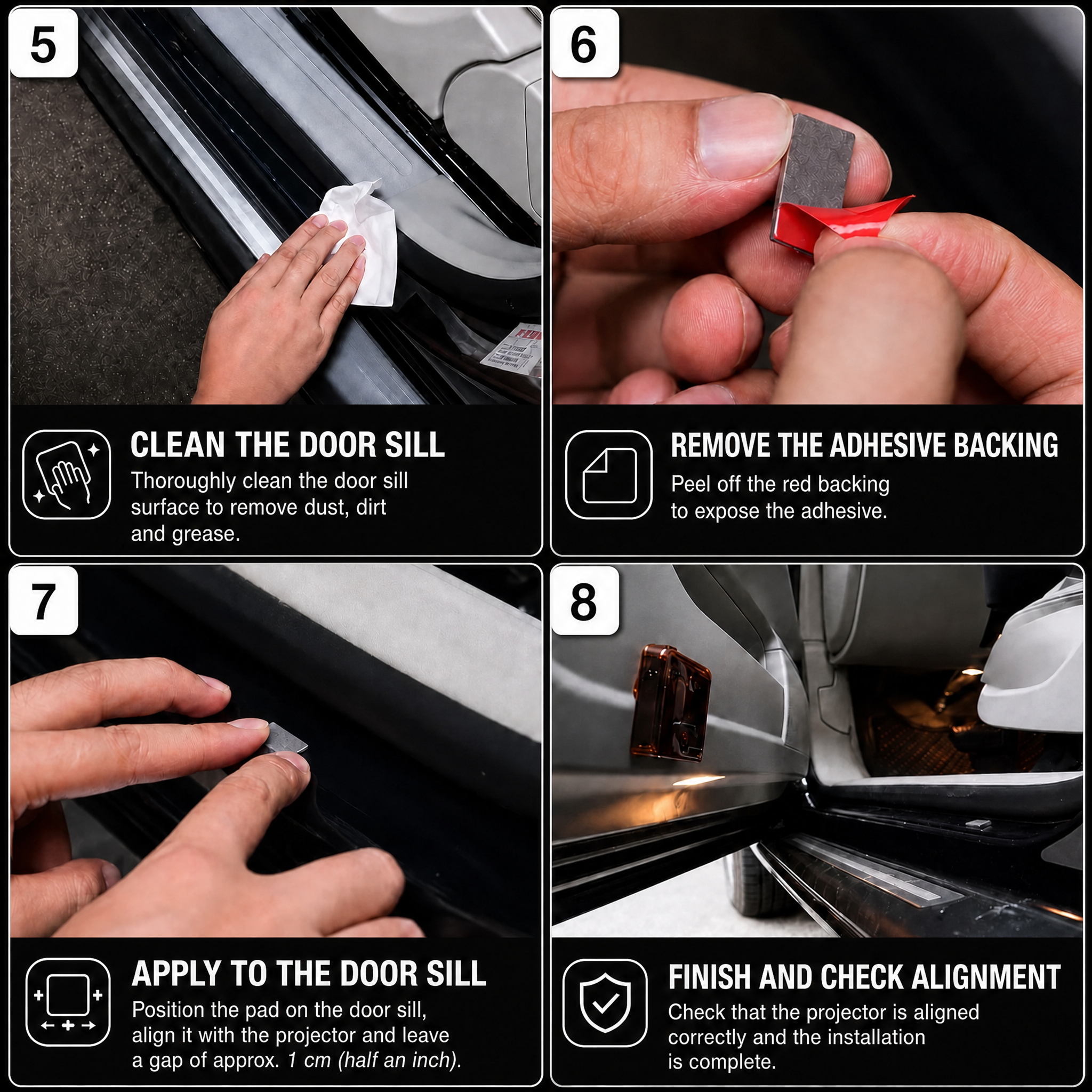 How to install the ThinBlueBeam car door projector, steps 5 to 8
